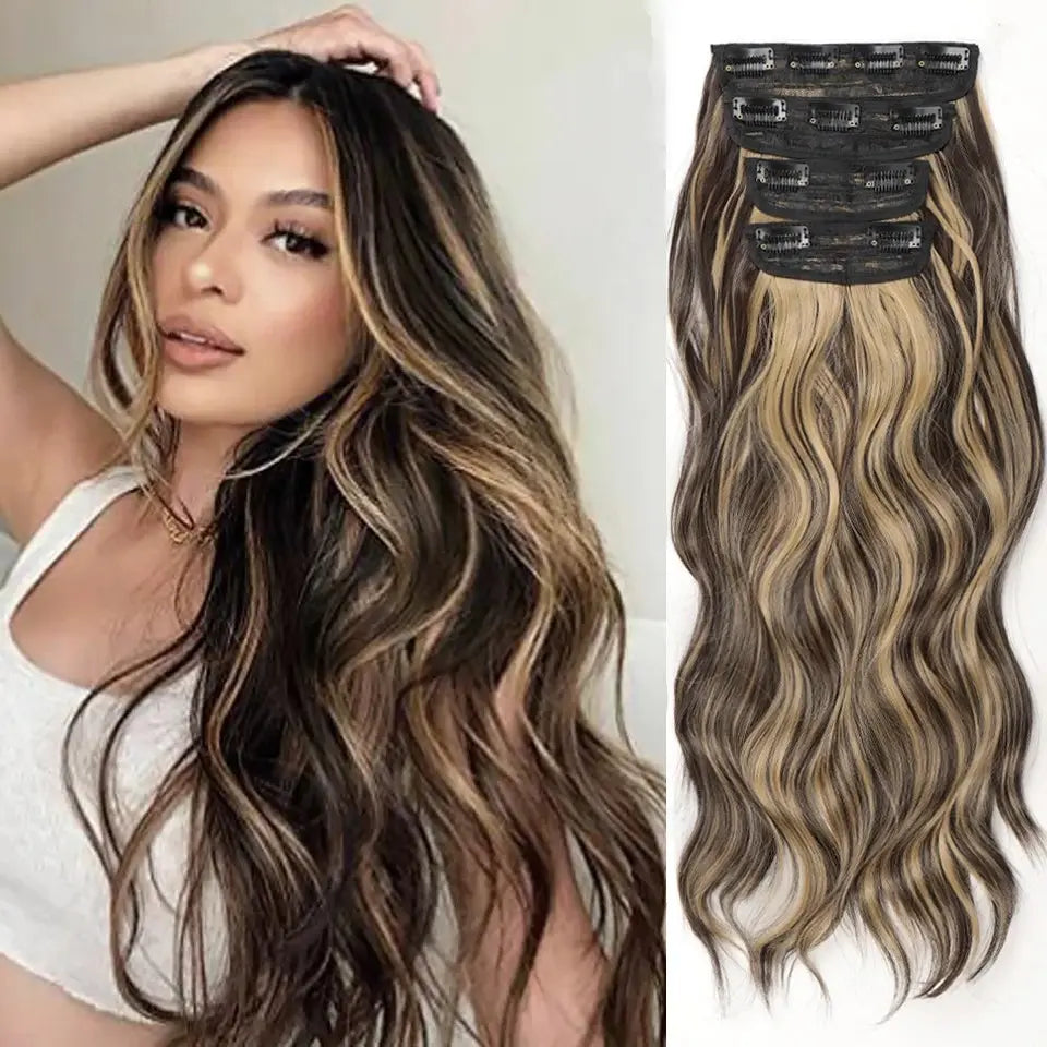 4 pieces of 20-inch Wavy Black/Brown Heat-Resistant Clip-in Hair Extensions, ideal for adding stylish waves and versatility to your look