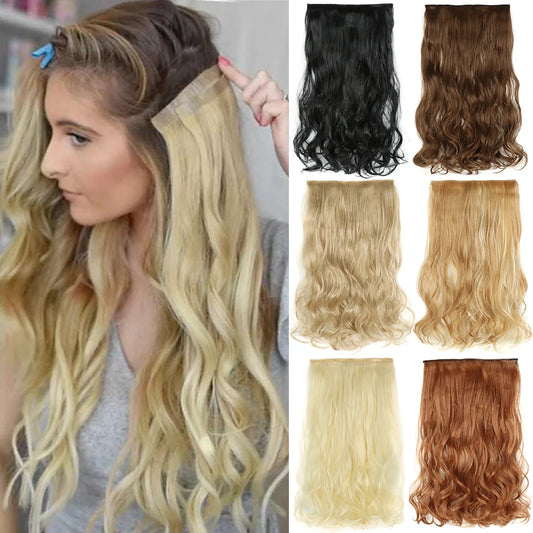 Golden Wavy 5-Clip Hair Extensions, designed to add luxurious waves and vibrant color for a glamorous look