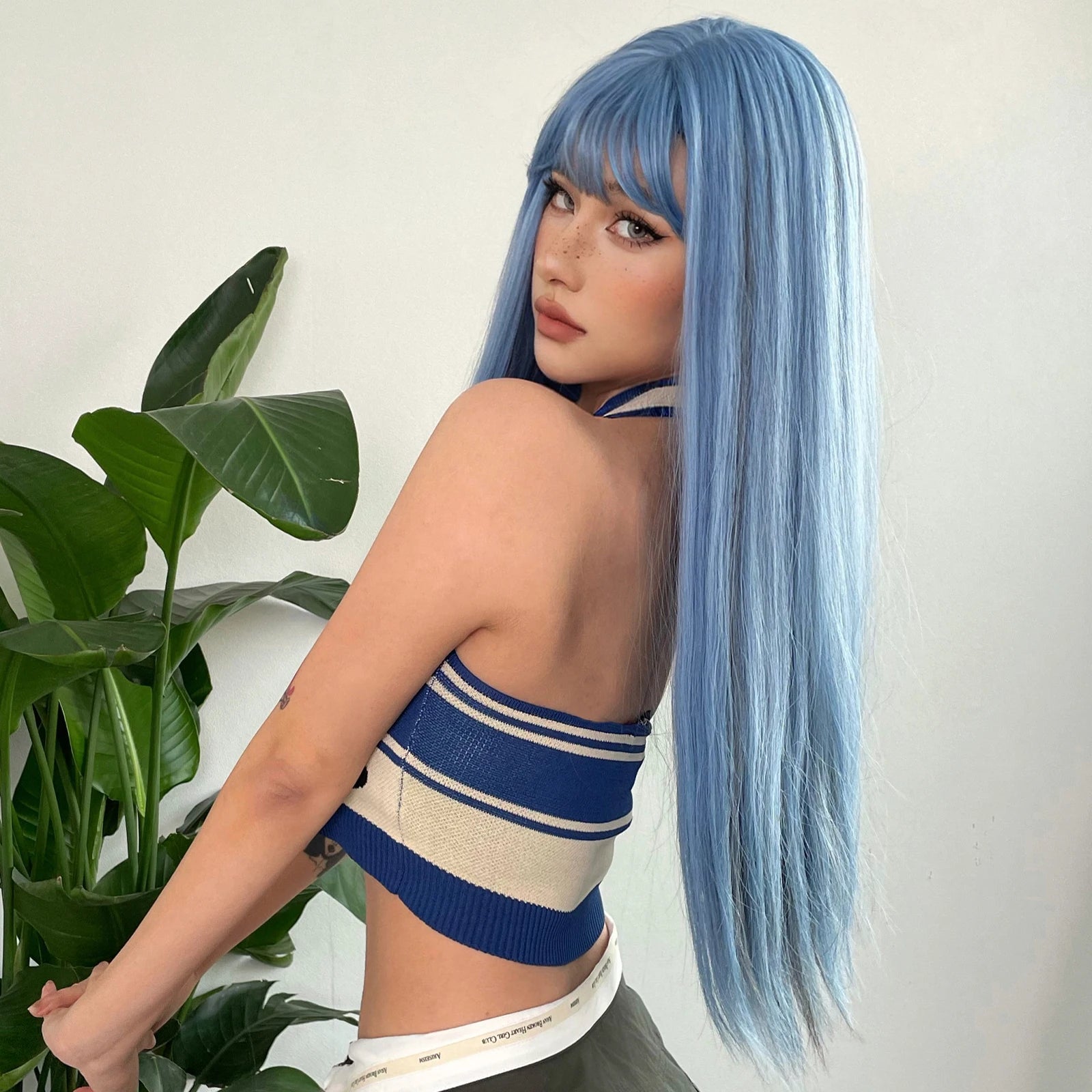 Blue Grey Straight Wig with Bangs My Store