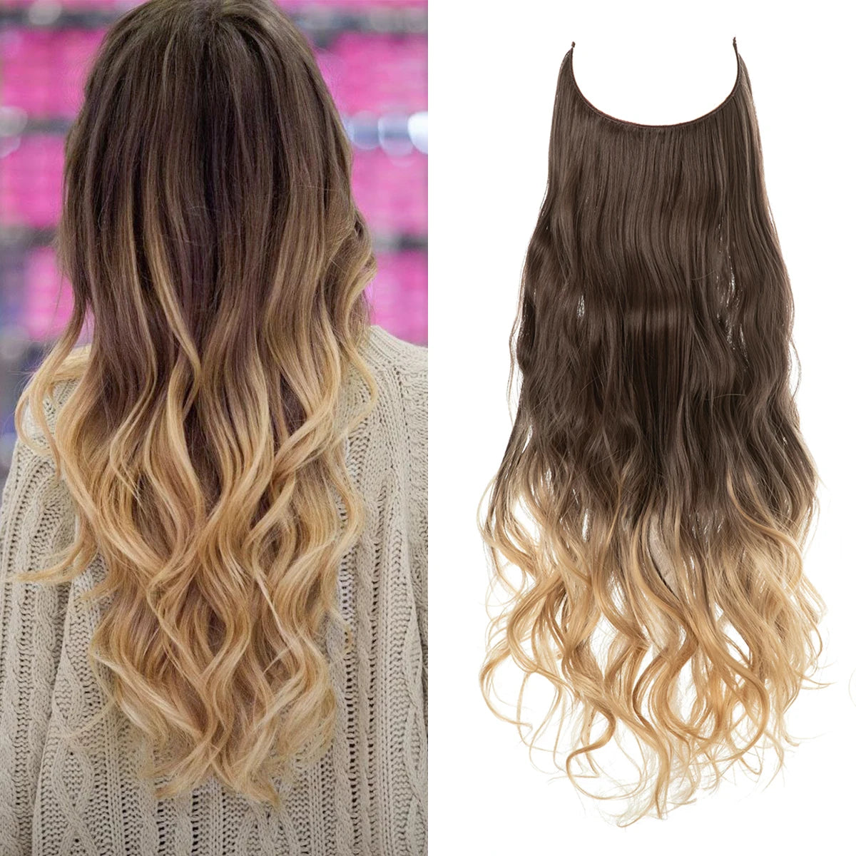 No-Clip Wavy Halo Hair Extensions – Ombre & Natural Shades