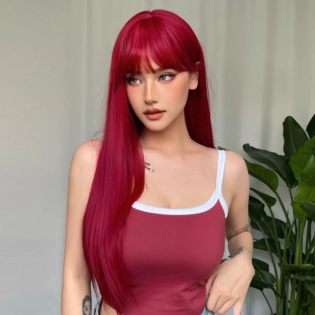 Wine Red Straight Wig with Bangs My Store