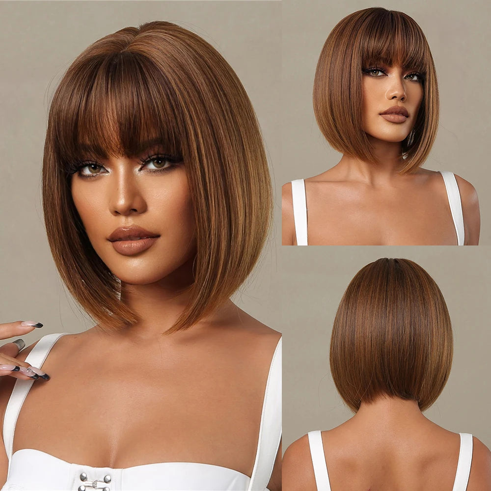 Honey Brown Short Bob Wig with Bangs My Store