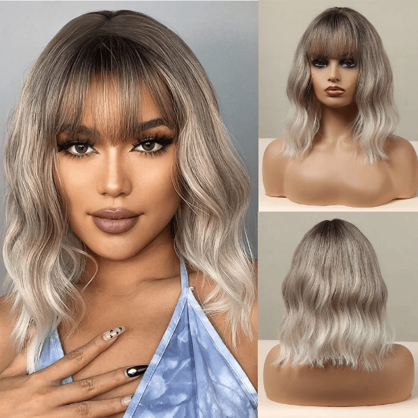 Ombre Blonde Wavy Wig with Bangs My Store