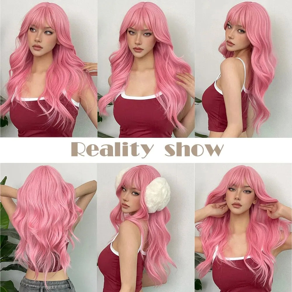 Pink Wavy Cosplay Wig with Bangs My Store