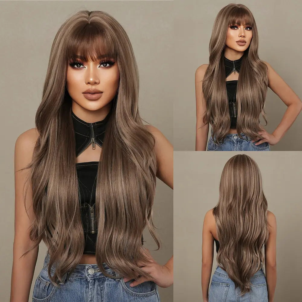 Brown Blonde Wavy Wig with Bangs, designed to add volume and style for a chic and playful look