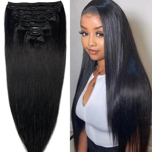 Brazilian Remy straight clip-in hair extensions, 120g per set, shown in natural black and 4/613 colors on a white background