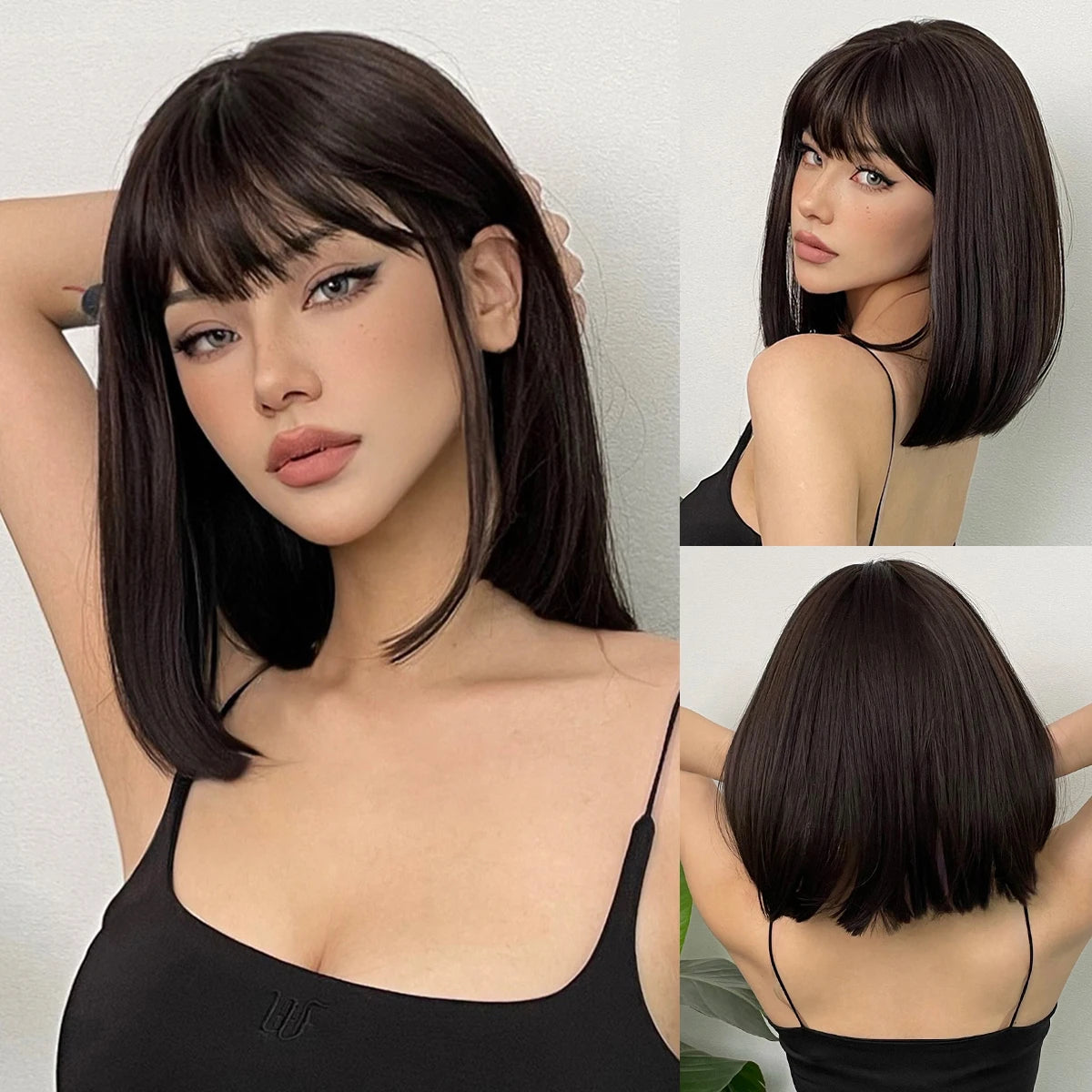 Black Brown Bob Wig with Bangs, offering a stylish and trendy look, perfect for a quick change in hairstyle