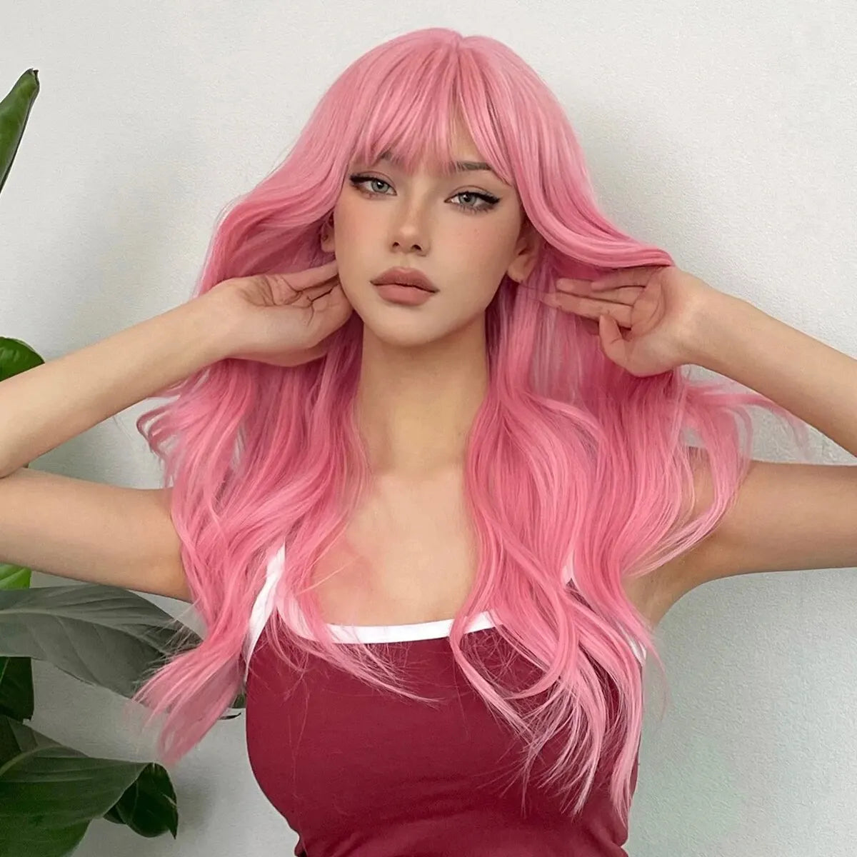 Pink Wavy Cosplay Wig with Bangs My Store