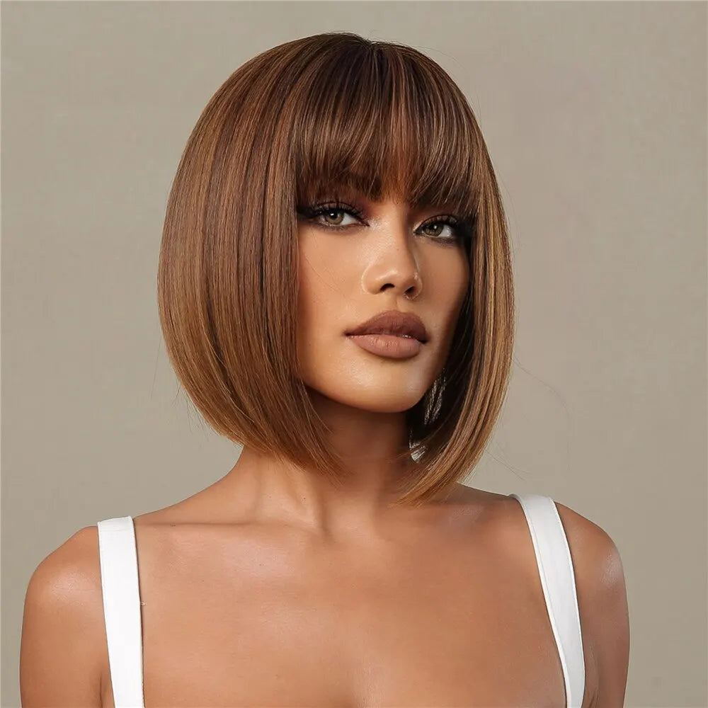 Honey Brown Short Bob Wig with Bangs My Store