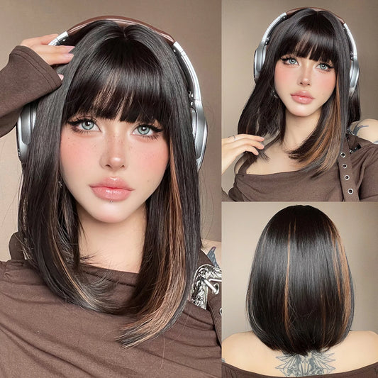 Short Brown Bob Wig with Bangs, providing a sleek and modern look, perfect for a chic and stylish appearance