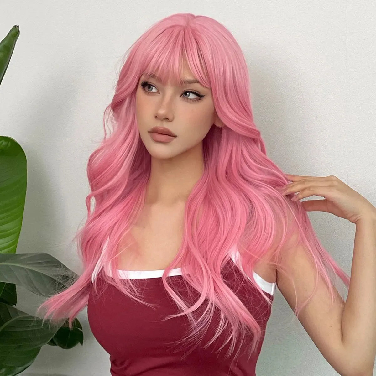 Pink Wavy Cosplay Wig with Bangs My Store