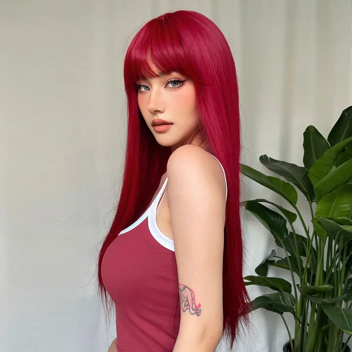 Wine Red Straight Wig with Bangs My Store