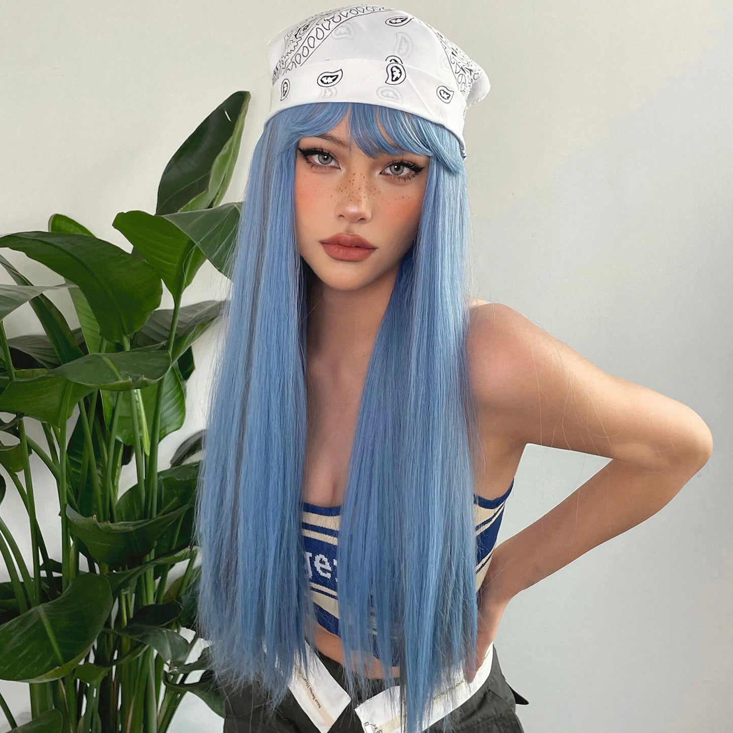 Blue Grey Straight Wig with Bangs My Store