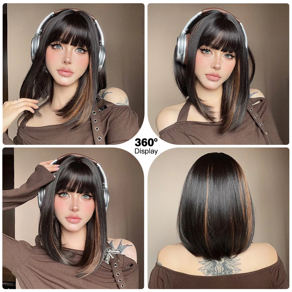 Short Brown Bob Wig with Bangs My Store