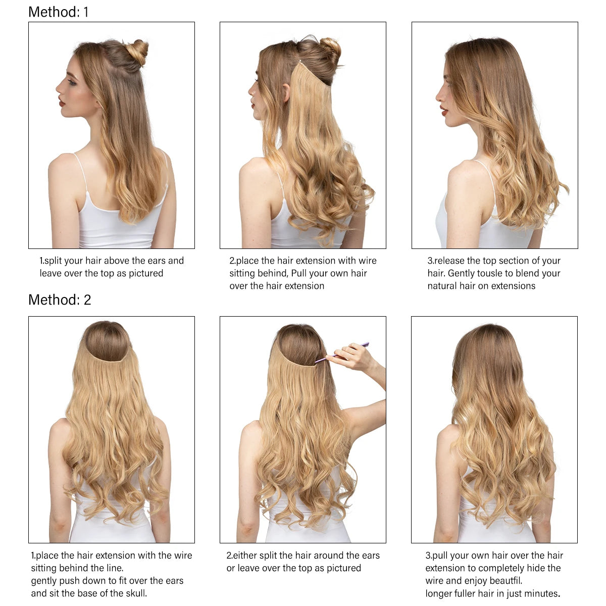 No-Clip Wavy Halo Hair Extensions – Ombre & Natural Shades