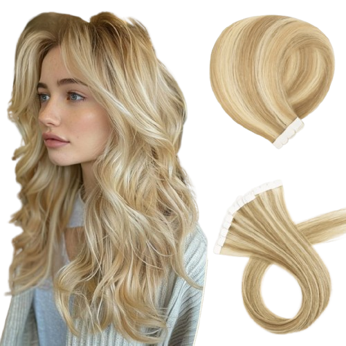 16 pieces of Blonde Ombre Real Hair Tape-in Extensions, offering a stylish gradient color for a natural blend and easy application