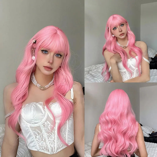 Pink Wavy Cosplay Wig with Bangs, designed to create a vibrant and playful look for cosplay or costume events