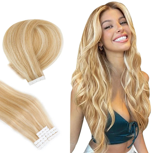 Balayage Blonde Mini Tape-in Hair Extensions available in sets of 8 or 16 pieces, perfect for adding subtle highlights and volume