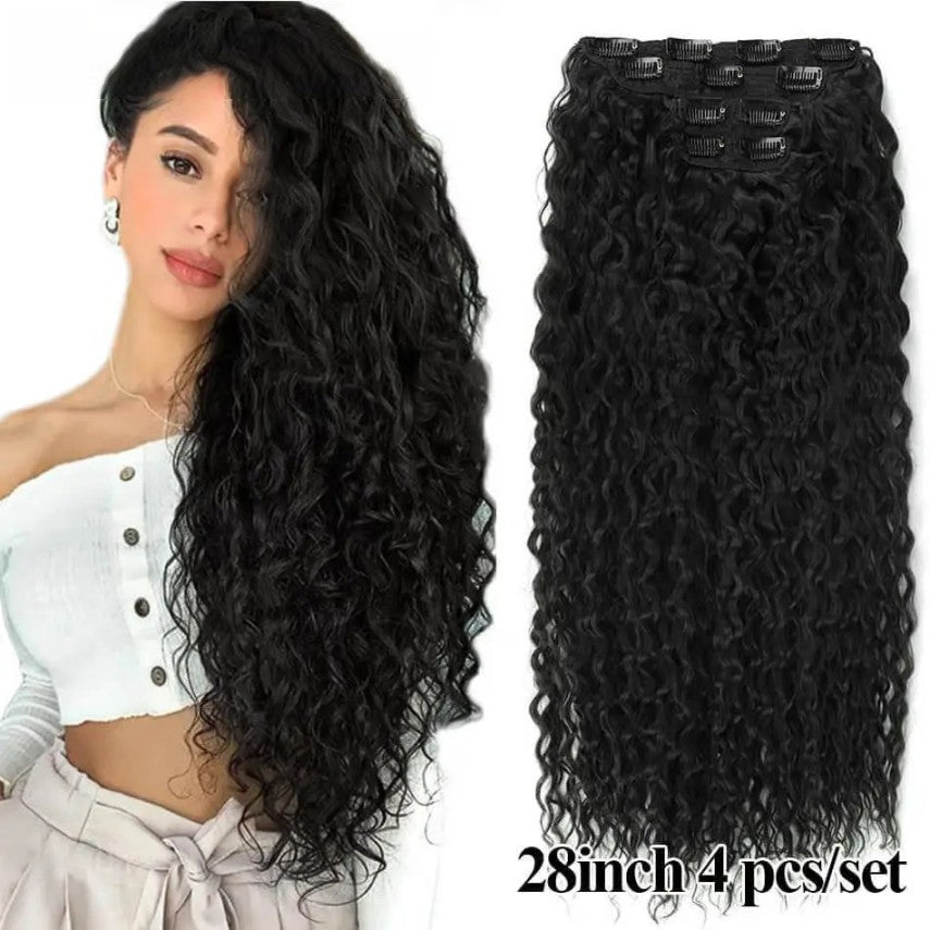 4 pieces of 28-inch Kinky Curly Water Wave Clip-in Hair Extensions, perfect for adding voluminous, bouncy curls to any look