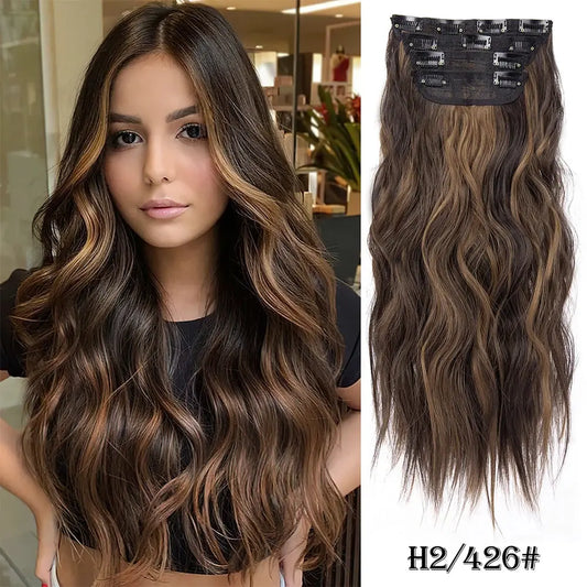 4 pieces of 20-inch Wavy Ombre Clip-in Hair Extensions, designed for a beautiful gradient effect and easy volume enhancement