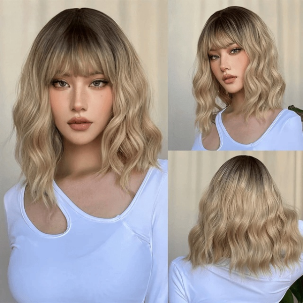 Ombre Blonde Wavy Wig with Bangs My Store