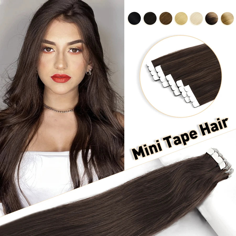 Brazilian Straight Tape-in Hair Extensions available in lengths of 12, 16, and 20 inches, perfect for adding sleek length and a polished finish