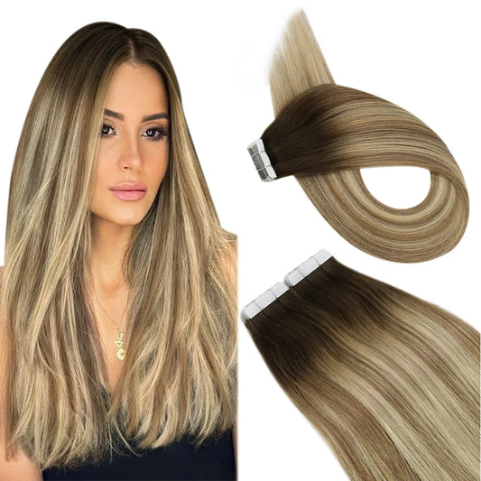 20 pieces of Tape-in Human Hair Extensions in 20P Balayage, designed for a natural gradient effect and easy application