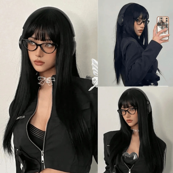 Long Straight Black Cosplay Wig with Bangs, perfect for creating dramatic and stylish looks for any cosplay or costume event