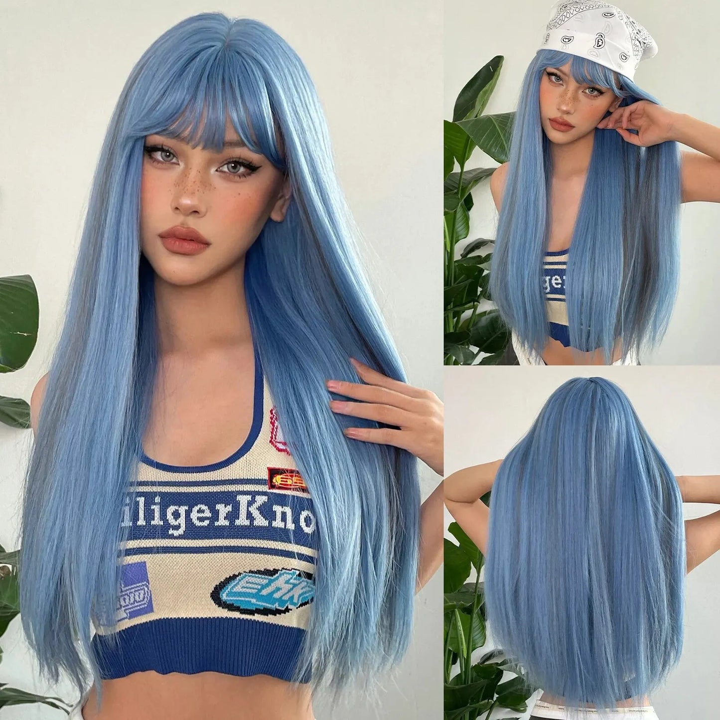 Blue Grey Straight Wig with Bangs, featuring a sleek and modern design for a bold and stylish look