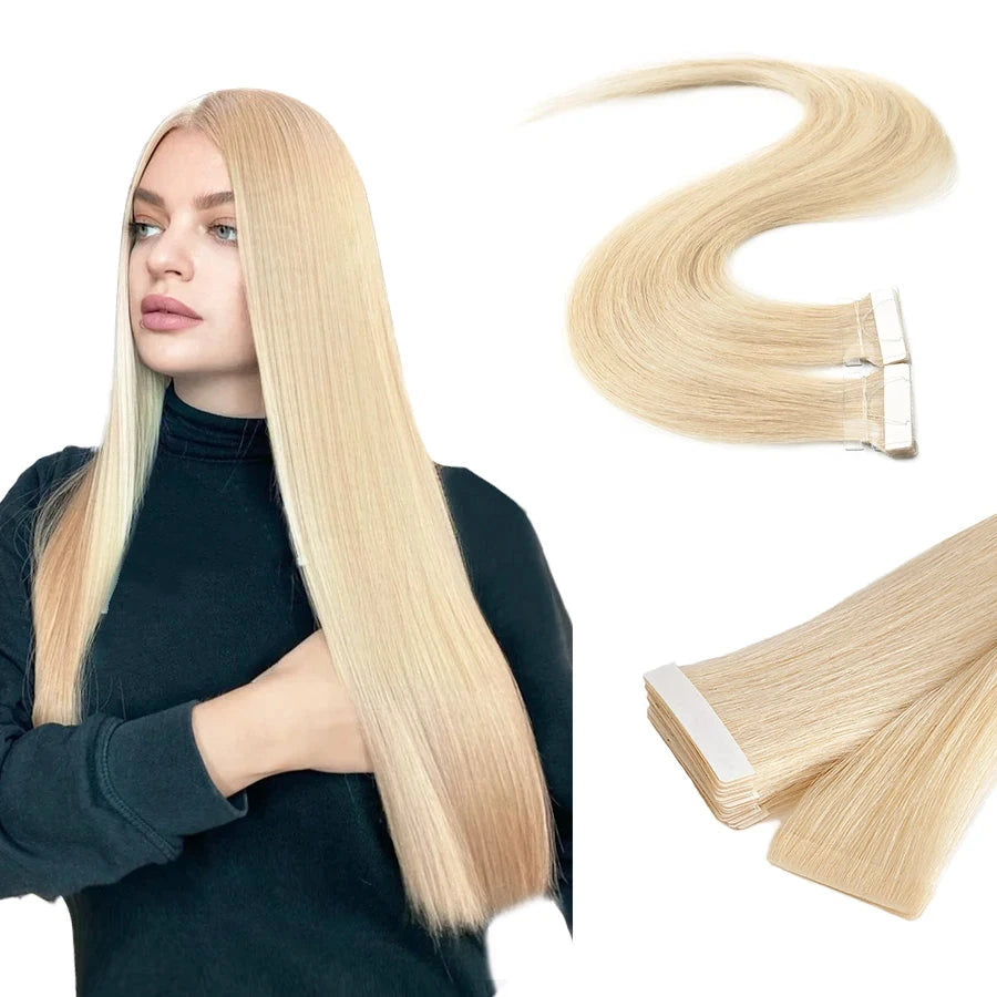 Virgin Remy PU Tape-in Hair Extensions available in lengths from 12 to 24 inches, designed for a seamless and natural look