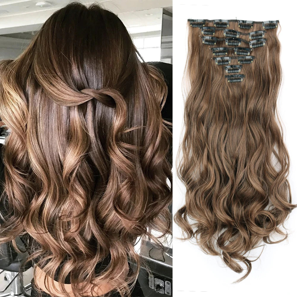 7 pieces of 24-inch Wavy Clip-in Hair Extensions in Black/Brown, designed to add beautiful waves and length to your hairstyle