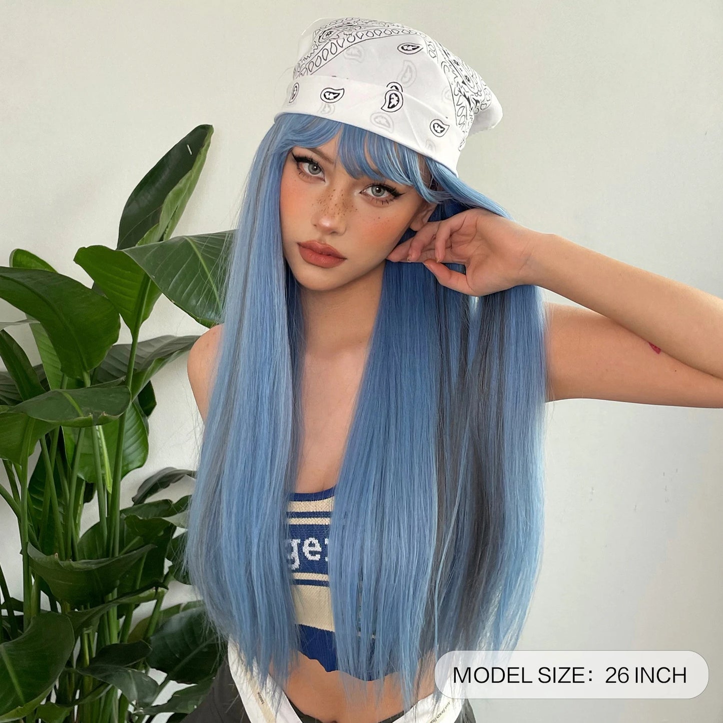 Blue Grey Straight Wig with Bangs My Store