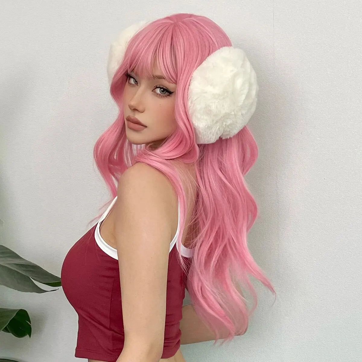 Pink Wavy Cosplay Wig with Bangs My Store