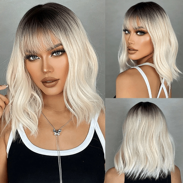 Ombre Blonde Wavy Wig with Bangs My Store