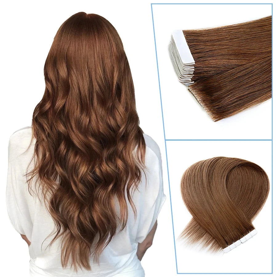 Invisible PU Remy Tape-in Hair Extensions available in lengths from 12 to 24 inches, designed for a seamless blend and natural look