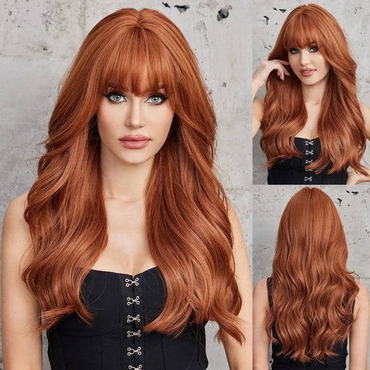 Red Brown Wavy Cosplay Wig with Bangs, offering a rich color and dynamic waves for a striking and stylish appearance in any cosplay setting