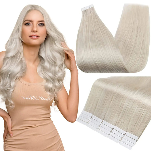 14 to 18 inches Blonde Silky Tape-In Hair Extensions made from 100% Remy human hair for a smooth, natural appearance