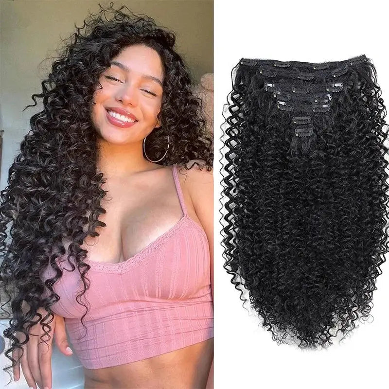 7 pieces of 20-inch Kinky Curly Clip-in Hair Extensions, perfect for adding volume and bounce to natural hairstyles