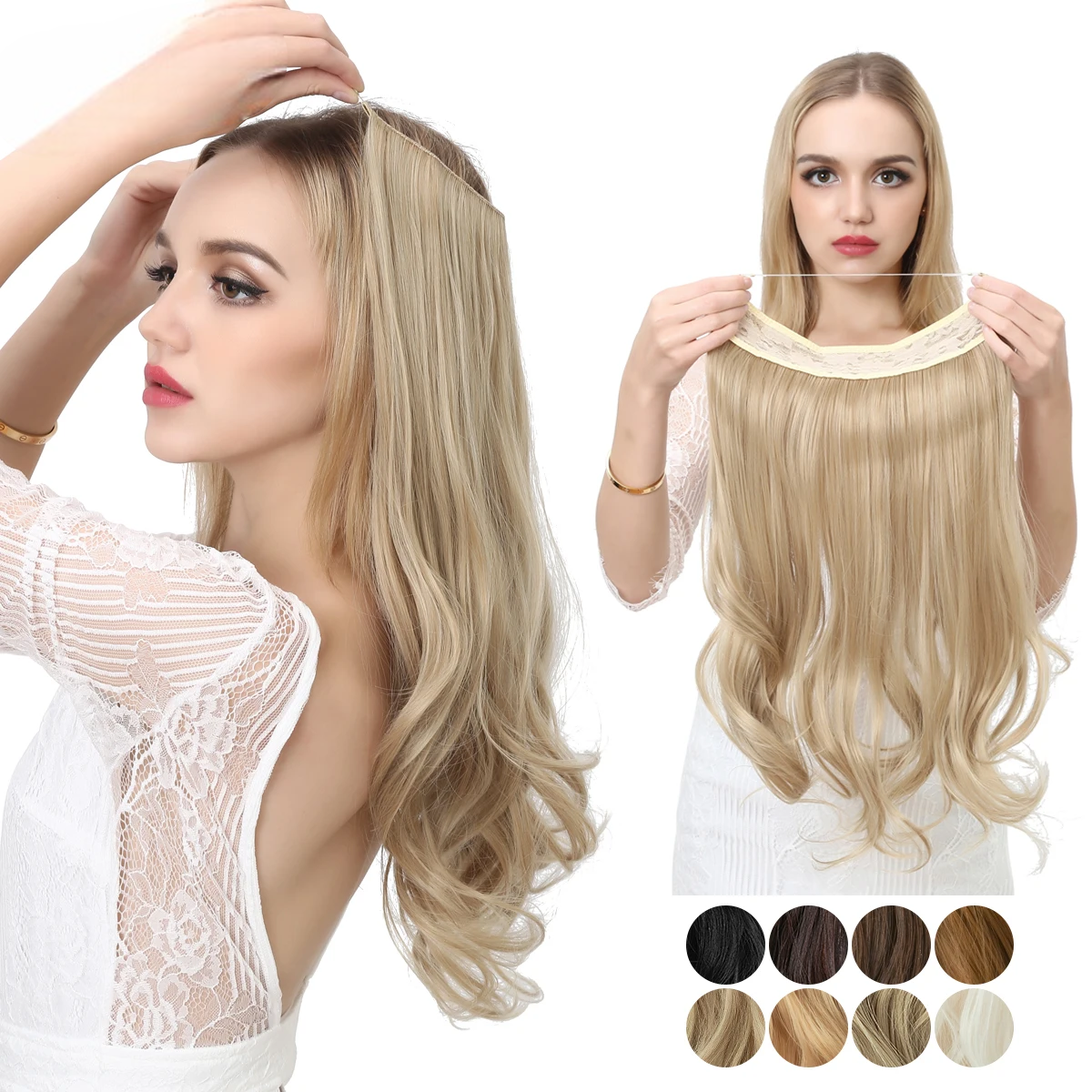 Close-up of no-clip wavy halo hair extensions in ombre shades, made from synthetic fiber, displayed on a white background