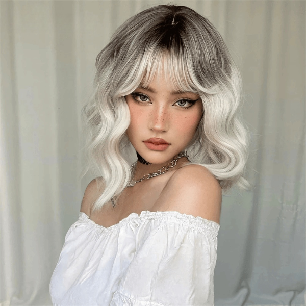 Ombre Blonde Wavy Wig with Bangs My Store