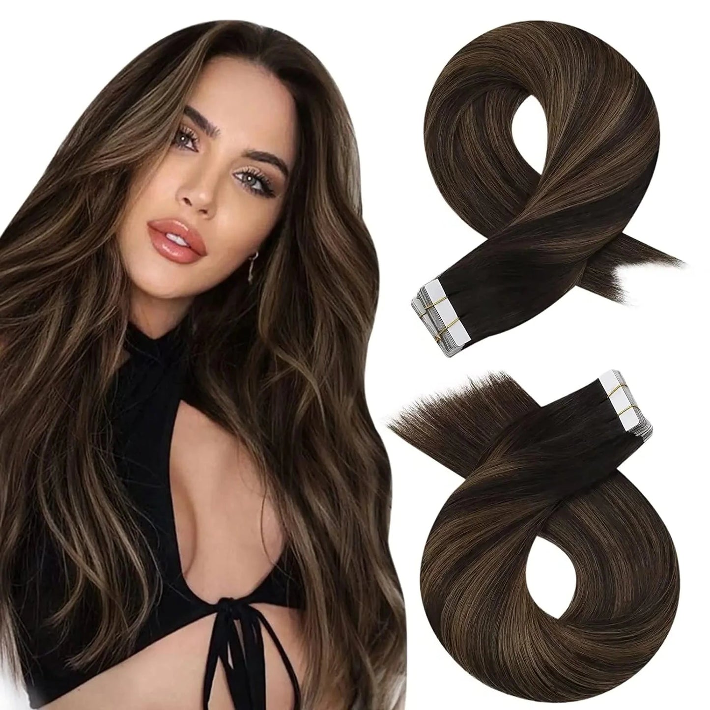 Invisible Seamless Balayage Tape-In Extensions in lengths of 20 to 24 inches, designed for a flawless blend and natural-looking highlights