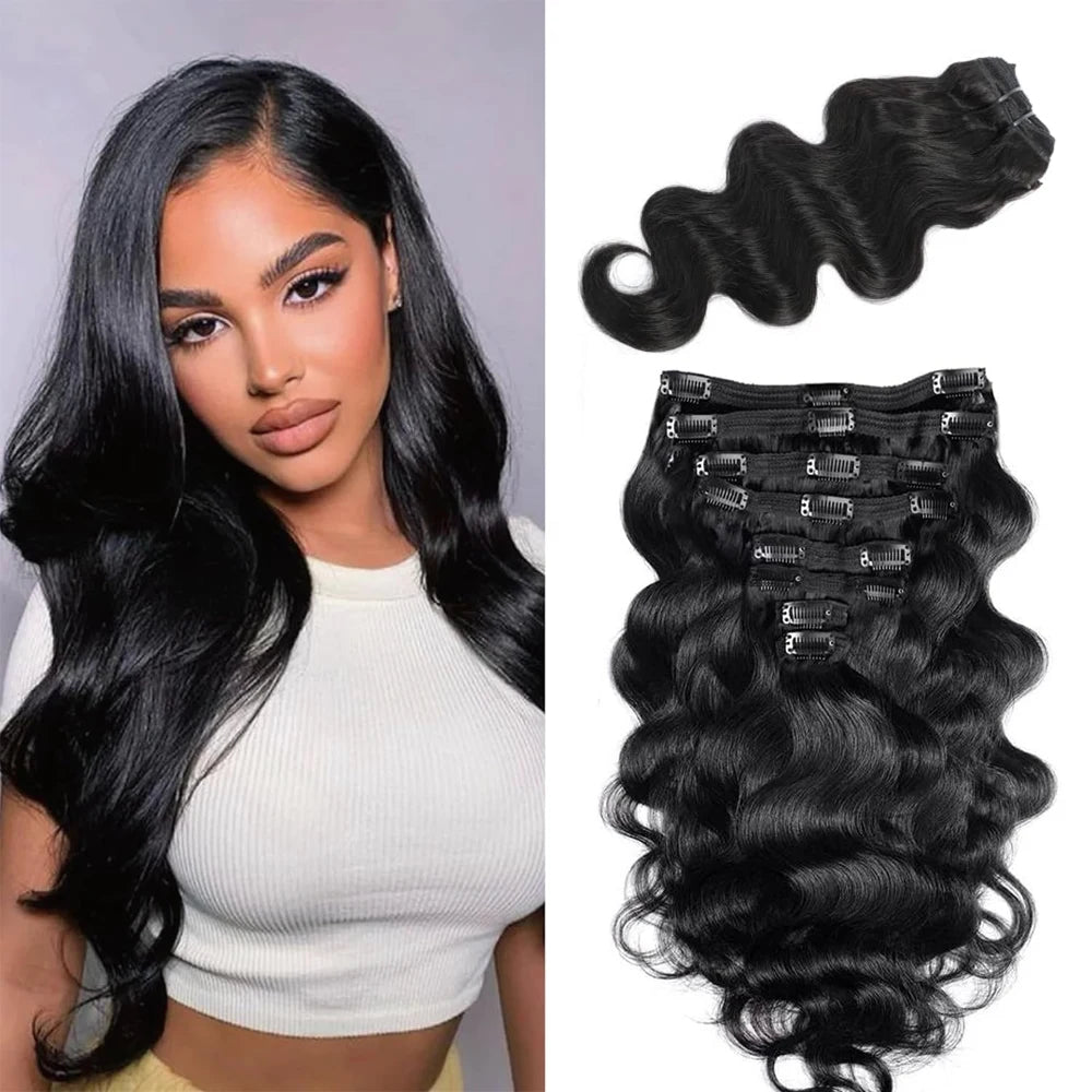 Body wave clip-in hair extensions in 100% Brazilian Remy human hair, double wefted, 120g per set, shown in #1B color on a white background