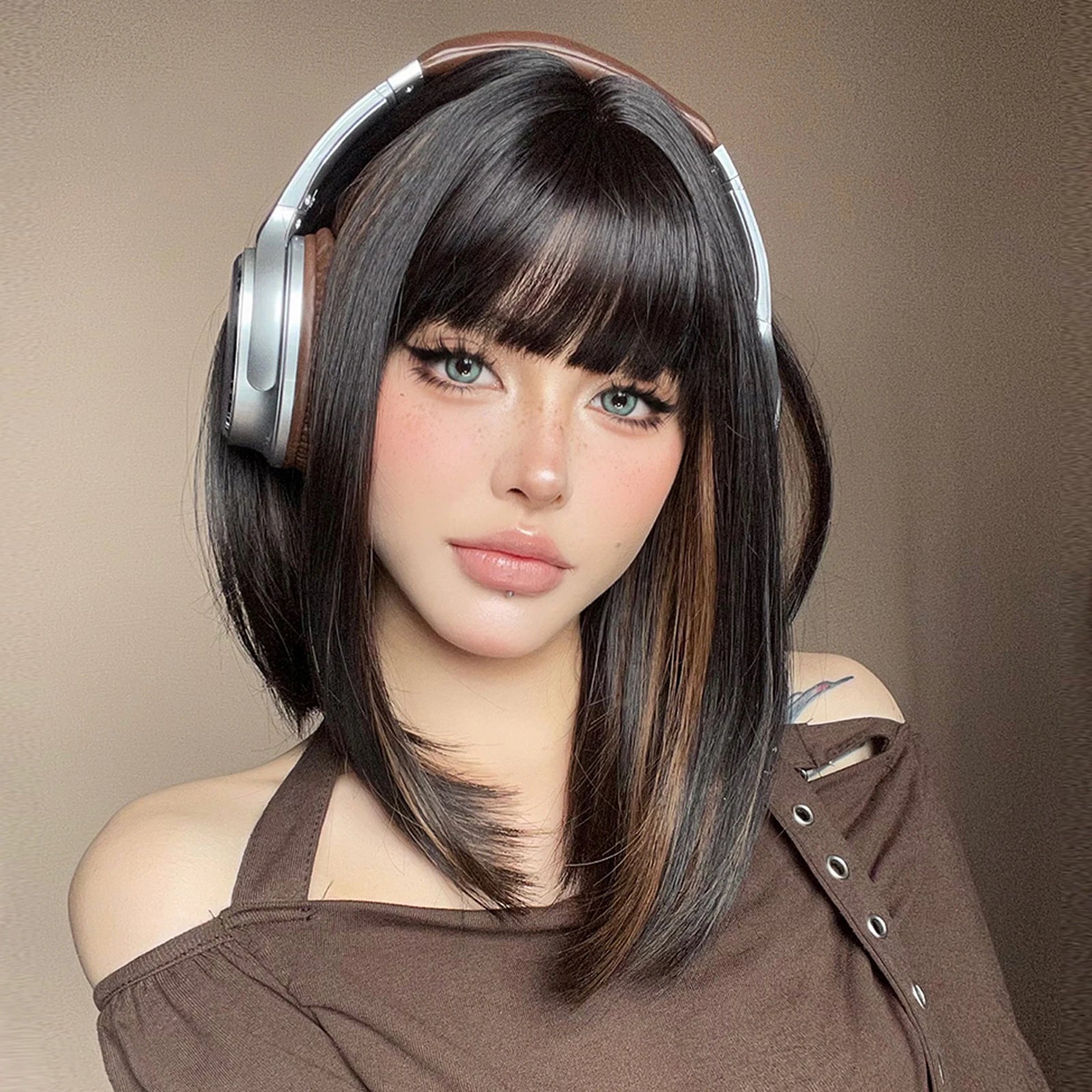 Short Brown Bob Wig with Bangs My Store