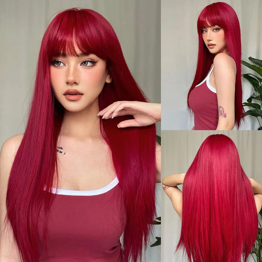 Wine Red Straight Wig with Bangs, featuring a vibrant color and sleek design for a bold and fashionable look