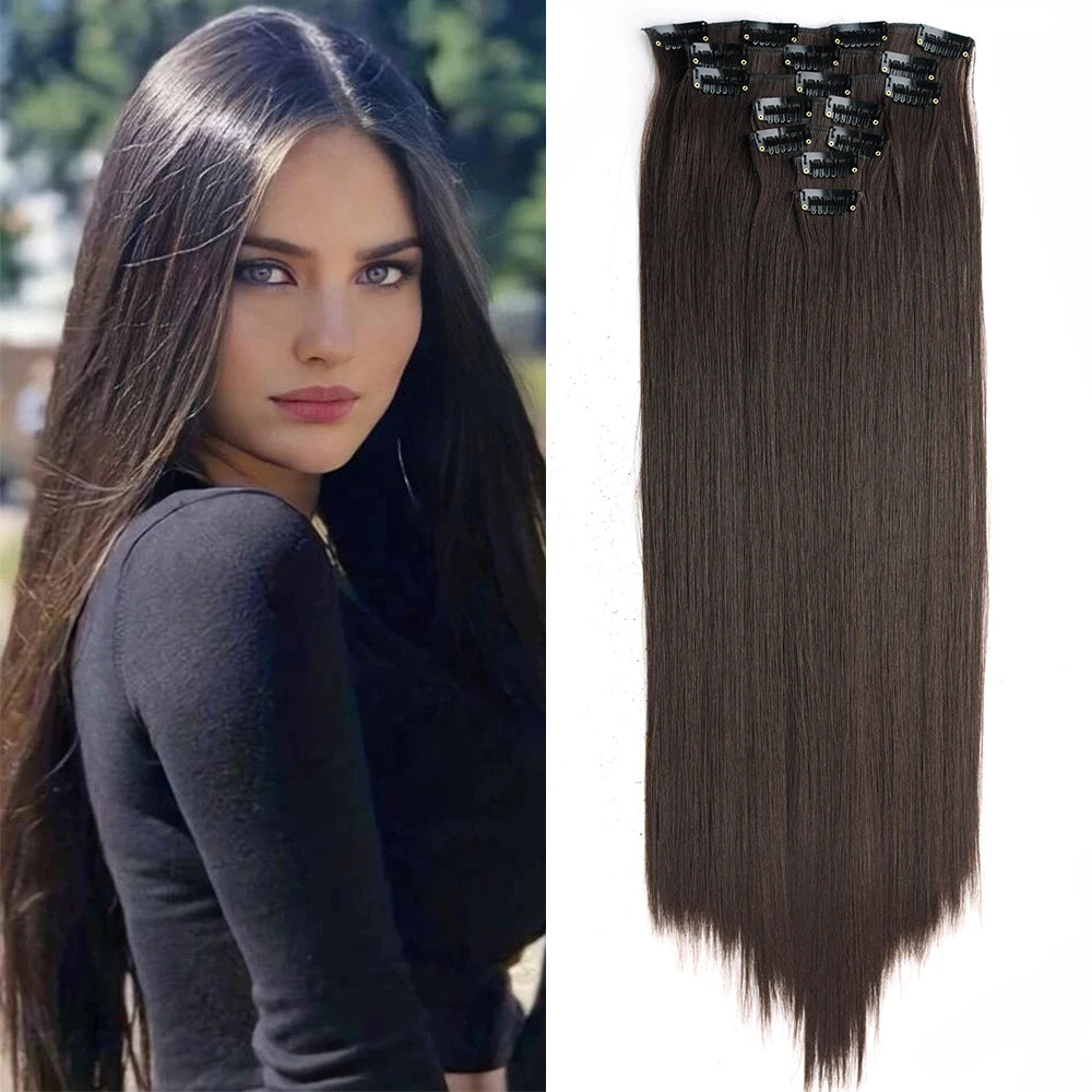 6 pieces of 16-inch Straight Black Clip-in Hair Extensions, perfect for adding length and a sleek look to any hairstyle