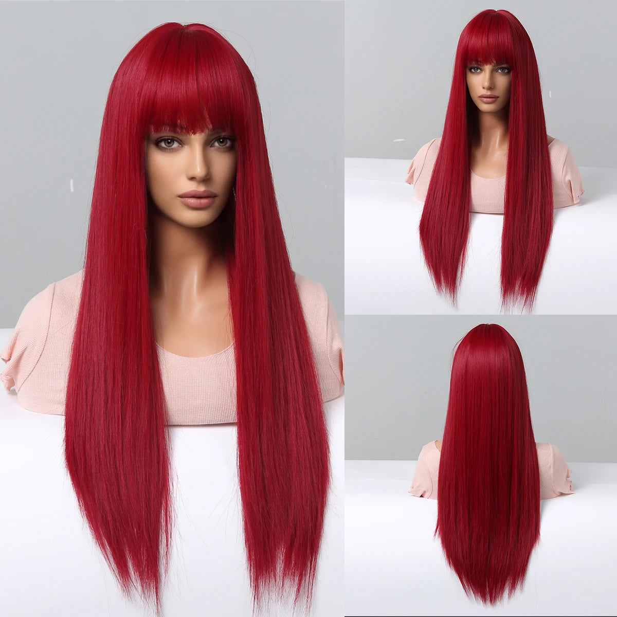 Wine Red Straight Wig with Bangs My Store