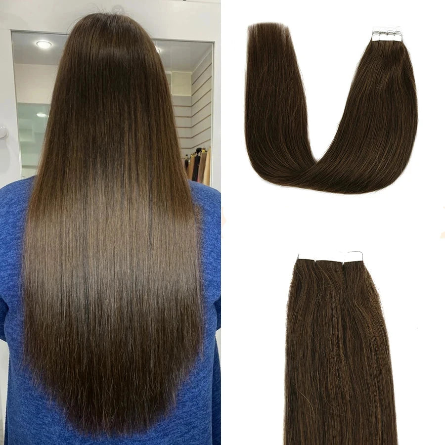 Straight Black/Brown Tape-in Hair Extensions available in lengths from 12 to 28 inches, ideal for adding sleek length and a natural look