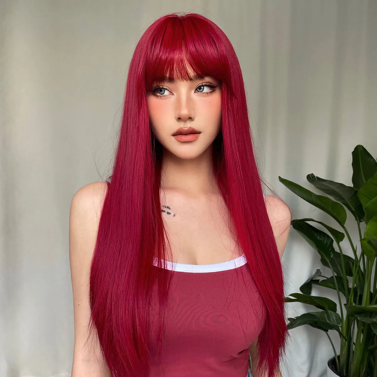 Wine Red Straight Wig with Bangs My Store