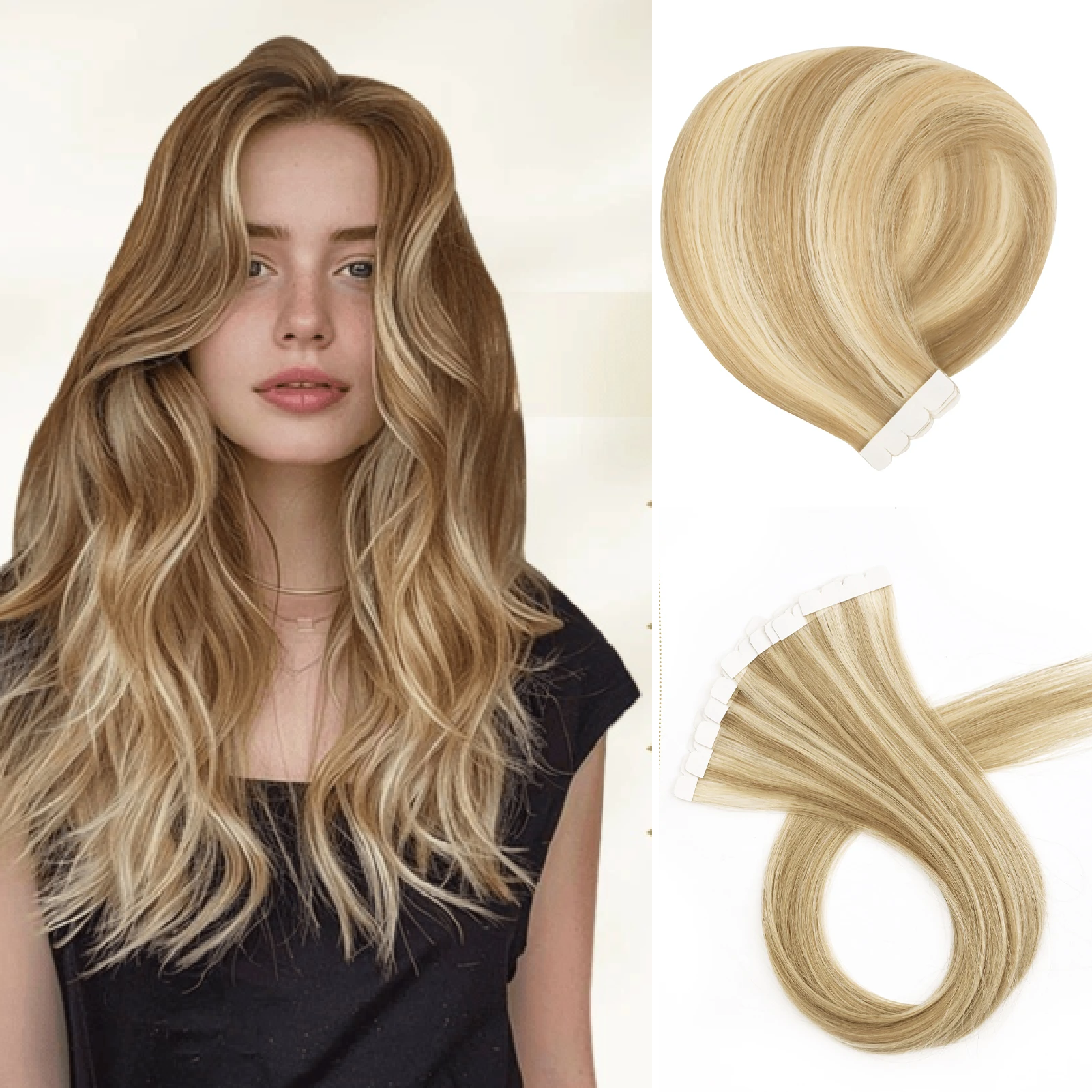 8 pieces of Blonde Ombre Real Hair Tape-in Extensions, designed for a stylish gradient effect and seamless blending with natural hair