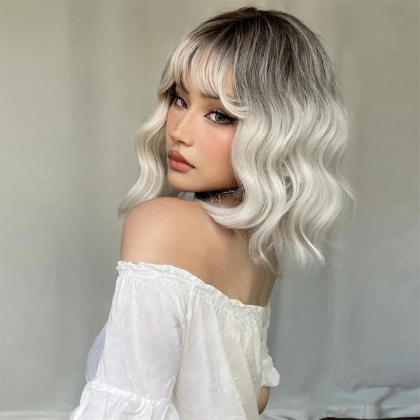 Ombre Blonde Wavy Wig with Bangs My Store